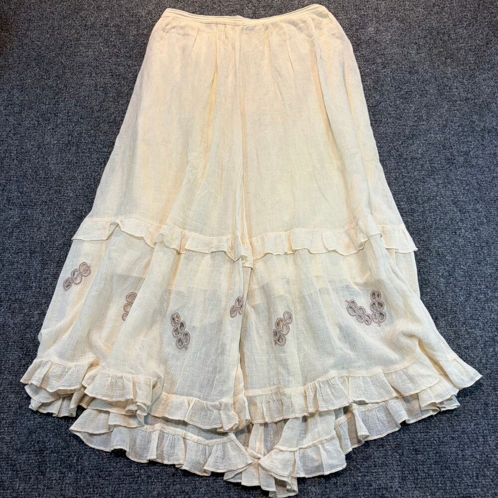 Vintage Boho Ivory Floral Maxi Skirt Tiered Ruffle Boho Summer Festival Medium